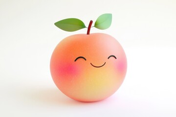 A cute cartoon peach with a happy face and green leaves, rendered in 3D.