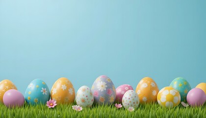 Pastel Easter eggs nestled in vibrant green grass against a soft blue sky, celebrating springtime renewal and the joy of Easter.