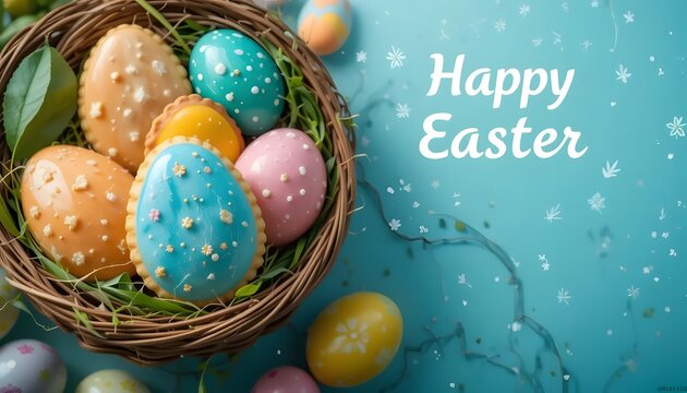 A delightful nest brimming with pastel Easter eggs and cookies, a joyous spring celebration in vibrant hues and soft lighting.