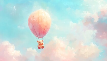 Fototapeta premium Watercolor teddy bear on an air balloon, whimsical pastel sky background, lighthearted design, adorable scene, highquality stock image, generative AI