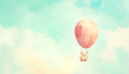 Fototapeta premium Watercolor teddy bear on an air balloon, whimsical pastel sky background, lighthearted design, adorable scene, highquality stock image, generative AI