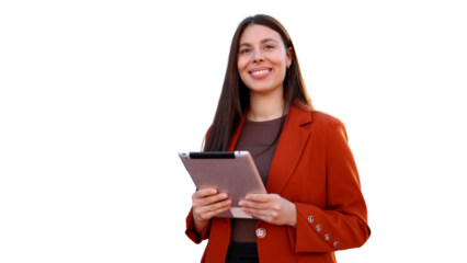 Businesswoman smiling and holding digital tablet with transparent background