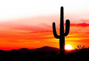 Simple line art cactus silhouette on vibrant sunset gradient, ample white space, sunset, design