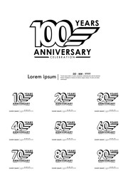 Set of 10-100th years anniversary celebration emblem. black anniversary logo isolated with ribbons on white background. vector illustration template design for web, flyers, poster, greeting card