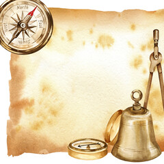 watercolor vintage brown navigation tools on textured aged background, compass, old metal rusty bell, aged navigation divider, hand drawn marine illustration, template for adventure marine pictures