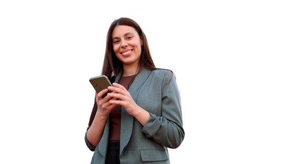 Fototapeta premium Happy businesswoman using mobile phone, isolated on transparent background