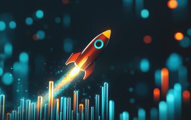 Growing bar graph with a rocket launching upwards, symbolizing startup business development and success, abstract growth concept, highquality 3D rendering, generative AI