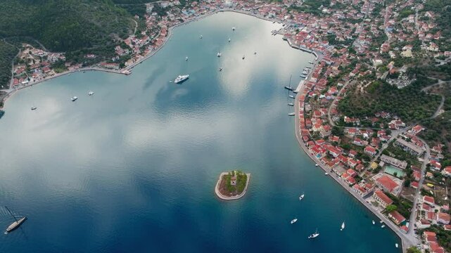 Panoramic view of Vathy village and Lazareto island in Ithaca island, Greece