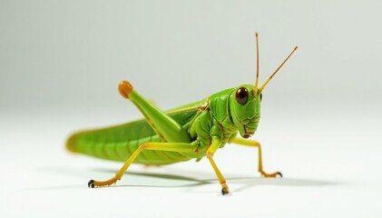 Green grasshopper isolated on white studio backdrop, pest, jumping insect, macro