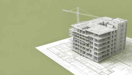 The architect reveals a 3D model design draft for a building construction project. The illustration features a large tower crane, a white apartment building, and a modern office, showcasing