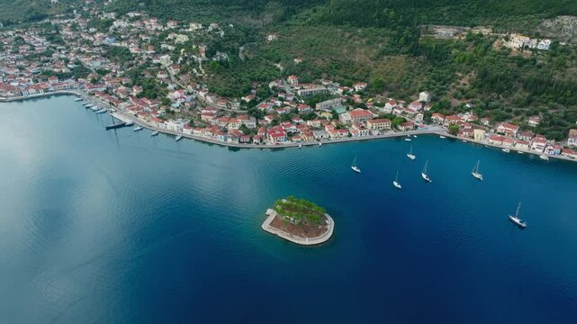 Aerial orbit shot of Lazareto island on Ithaca island, Ionian sea, Greece