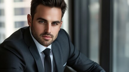Young businessman in formal attire, focused at modern desk, embodying professionalism and determination.
