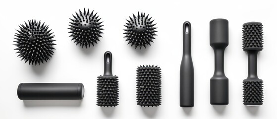 Commercial catalog layout of various massage rollers on white surface