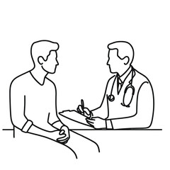 Simple one line drawing  of hospital doctor consulting man  patient, transparent background PNG image