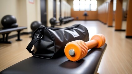 Partially packed massage roller on bench with gym in blurred background