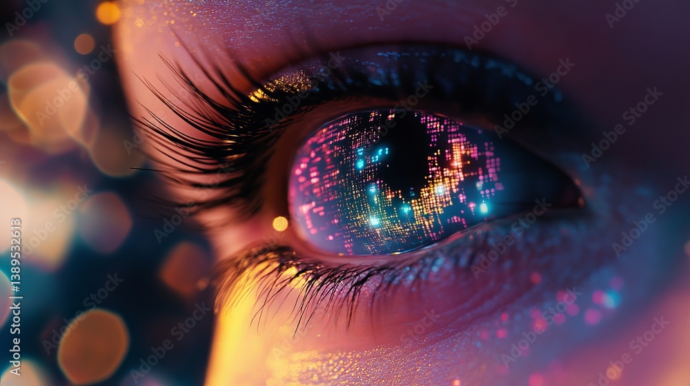 Poster close up of a digital eye with intricate patterns and vibrant colors in a futuristic style
