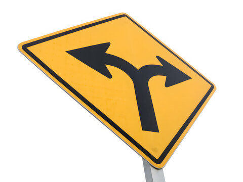 Yellow traffic warning sign with black symbols indicating split road ahead.sign road sign hazard warning driving safety