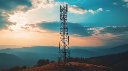 Communication Tower Silhouette at Sunset: Serene Landscape Photography