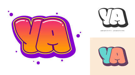 YA logo design for festival or party. Initial letter y and a in graffiti style. Creative modern lettering company name of font typography. Kids trendy logotype or identity.