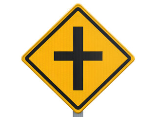 Obraz premium Yellow traffic warning sign with black cross symbols indicating intersection aheadsign road sign hazard warning driving safety