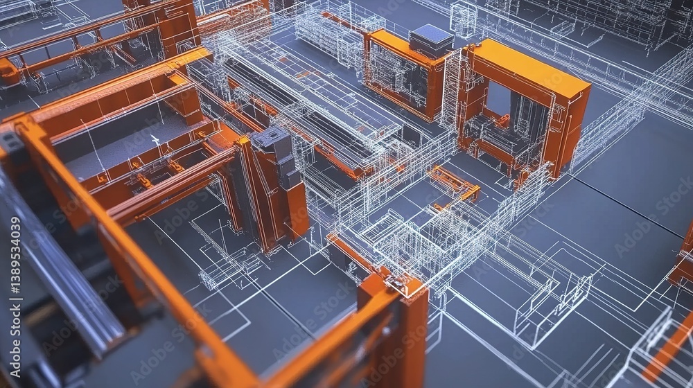 Poster a high-tech digital twin model optimizing factory automation efficiency.