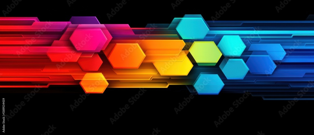 Poster abstract colorful hexagon background with geometric shapes and lines on black backdrop concept of mo