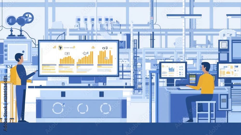 Poster high-tech manufacturing facility with a smart factory dashboard, showcasing real-time production met