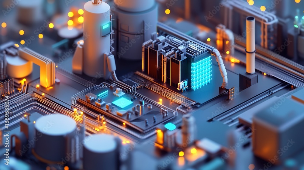 Poster a high-tech digital twin model optimizing factory automation efficiency.