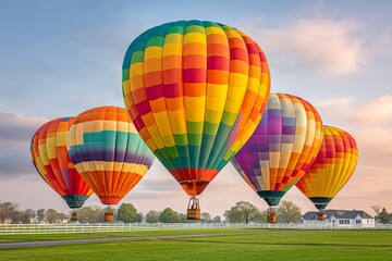 Naklejka premium A hot air balloon festival at sunrise, with colorful balloons floating in the sky