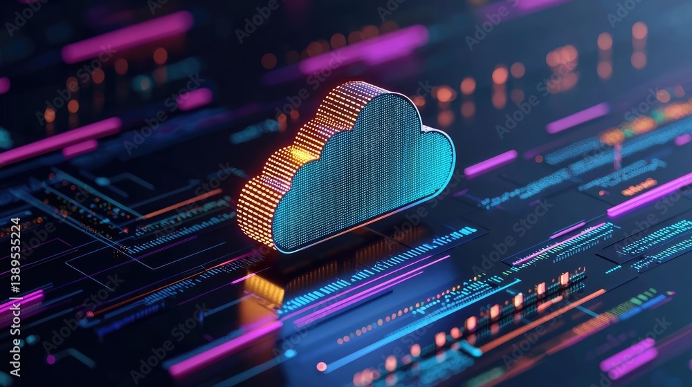 Poster cloud server intelligent system managing globalization concept. futuristic digital cloud icon on a v