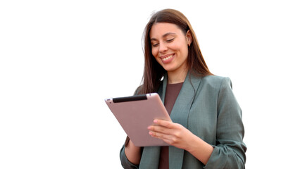 Fototapeta premium Businesswoman smiling while using digital tablet, isolated on transparent background