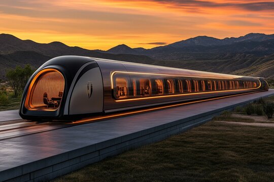 A hyperloop station where futuristic trains transport passengers at lightning speed