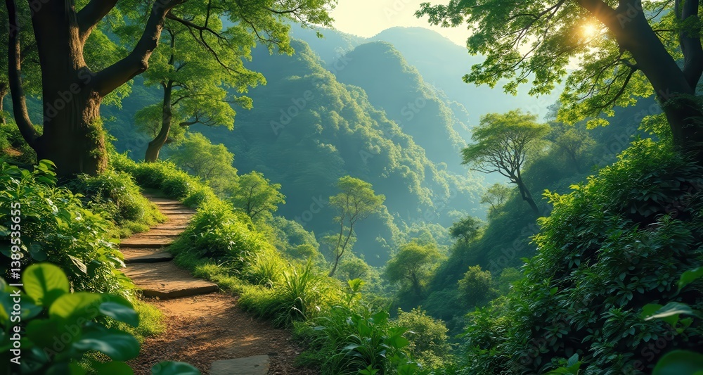 Poster Lush green landscape featuring a winding path through trees and mountains, illuminated by soft sunlight, creating a serene and inviting atmosphere.