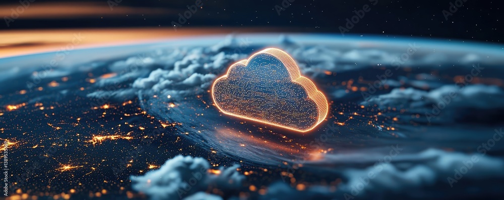 Poster clouds server intelligent systems managing innovation on earth concept. digital cloud computing conc