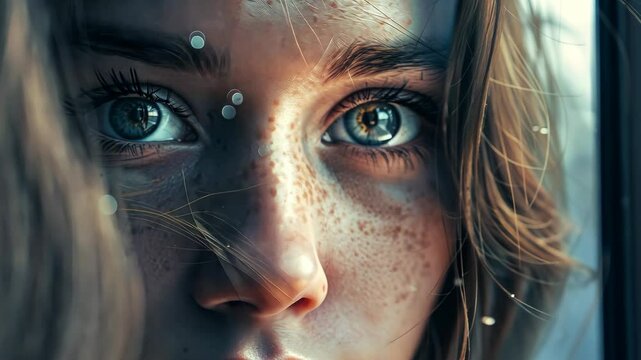 Deep, expressive eyes staring into a mirror, confronting inner demons and anxieties, revealing the battle between self-doubt and self-acceptance