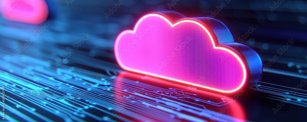 Poster cloud server intelligent system managing globalization concept. stylized cloud icon glowing on a dig