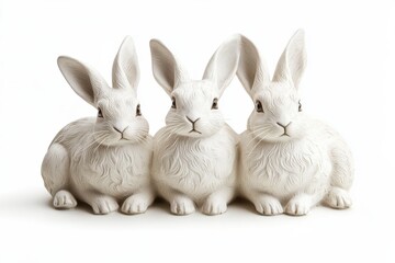 Three adorable white bunny rabbits sitting together serene and peaceful in soft light against a