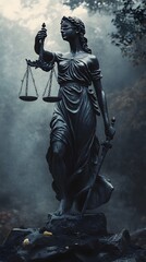 Fototapeta premium Justice statue, scales, sword, misty forest