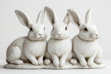 Obraz premium Three charming white bunny rabbits sitting together a delightful home decor figurine with soft