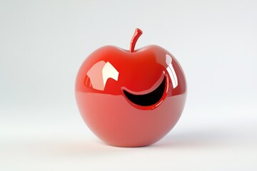 A shiny red apple with a carved smiling face, a cheerful and playful fruit.