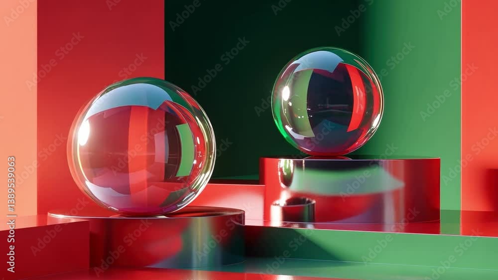 Poster abstract geometric composition with colorful glossy spheres and cubes in a modern minimalist setting