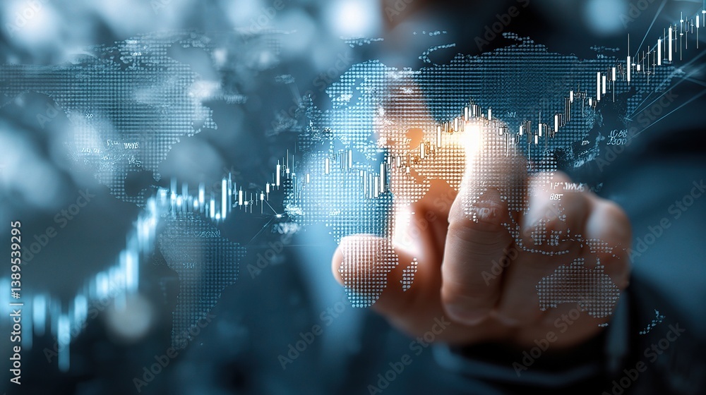Poster businessman interacting with forex trading graph and data visualization
