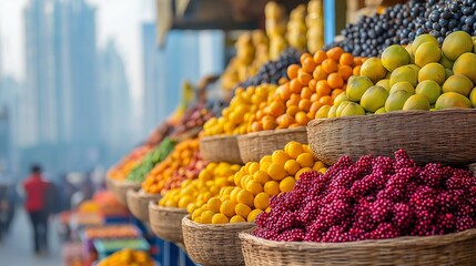 Obraz premium Fresh Indian Street Market with Local Farmers Selling Fruits in Baskets