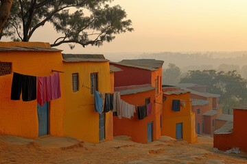 Colorful Indian Village Homes with Draped Laundry and Hazy Morning Copy Space