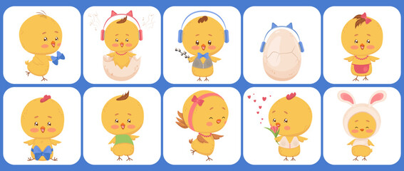 Set of square cards with cute chickens. Different vector Easter characters. Different gender, age, clothes, accessories. Yellow hens and roosters for children's designs