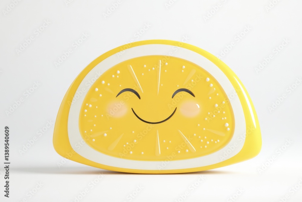 Poster A cheerful 3D rendering of a lemon slice with a smiling face, bright and sunny.