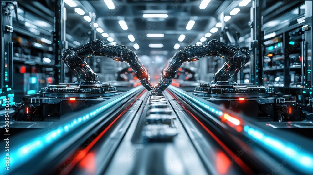 Poster robotic arms working in a futuristic warehouse, precisely sorting and arranging products on a convey