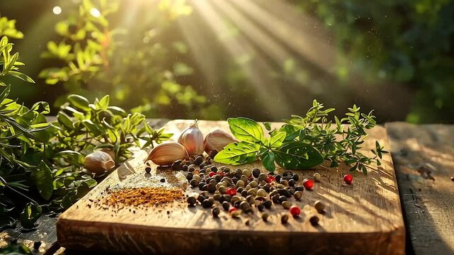 Sunlit herbs, spices, and garlic on rustic wood