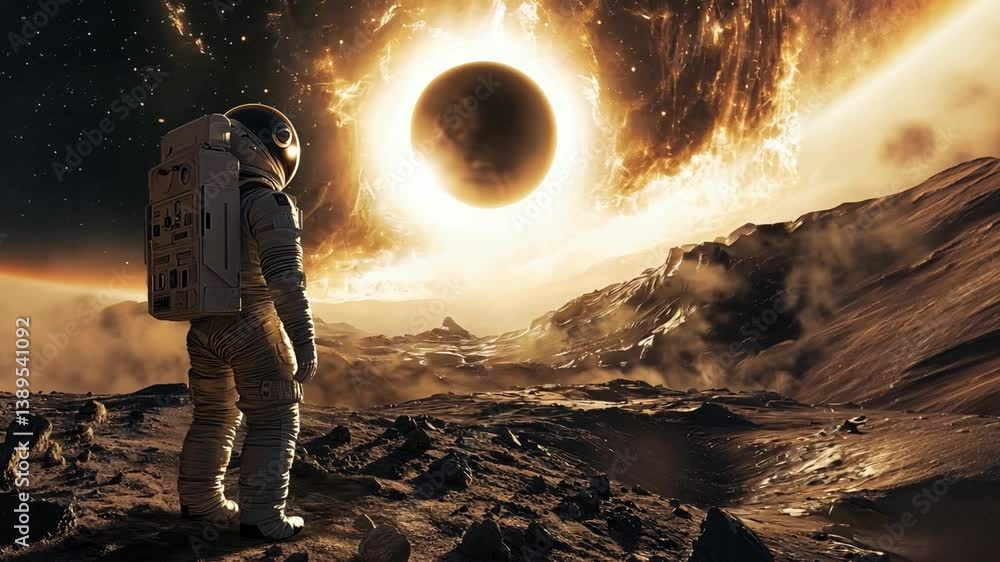 Poster astronaut standing on alien landscape gazing at celestial phenomenon with dark wormhole and surround