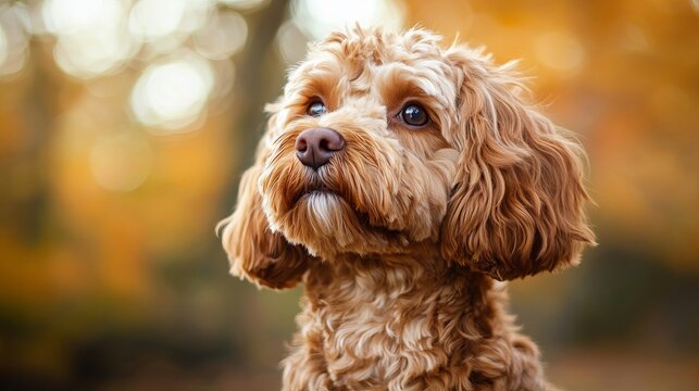 Close up portrait of a golden brown cockapoo looking up with a blurred autumn background outside